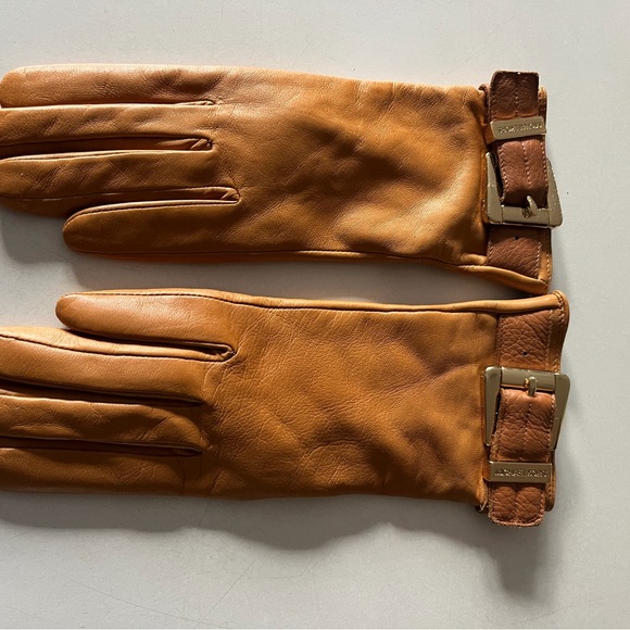 Michael Kors Brown Leather Gloves with Gold Buckles - Picture 2 of 2